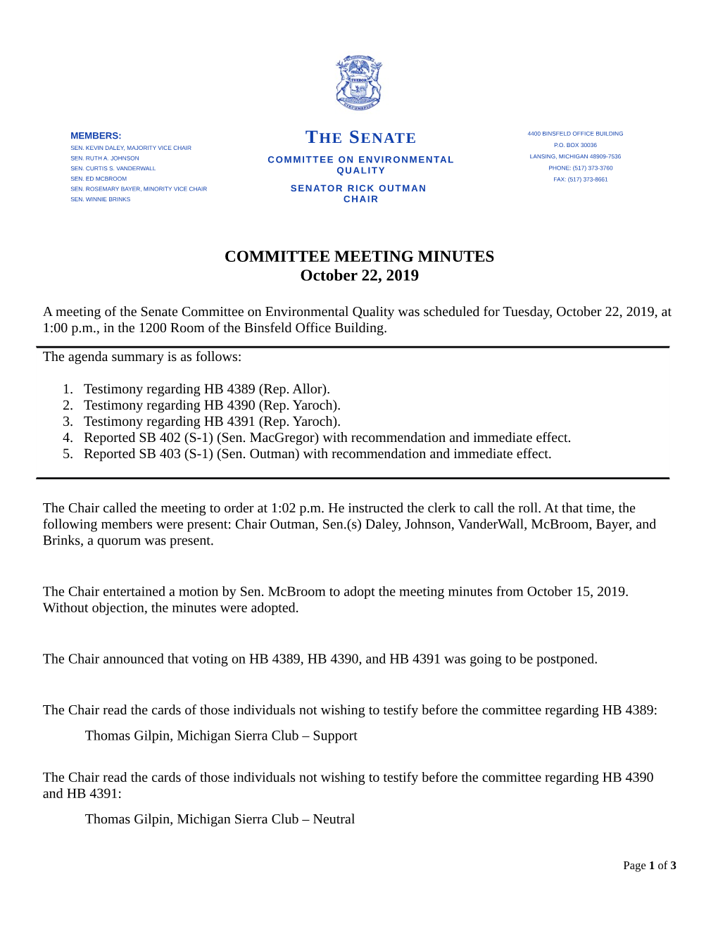 COMMITTEE MEETING MINUTES October 22, 2019