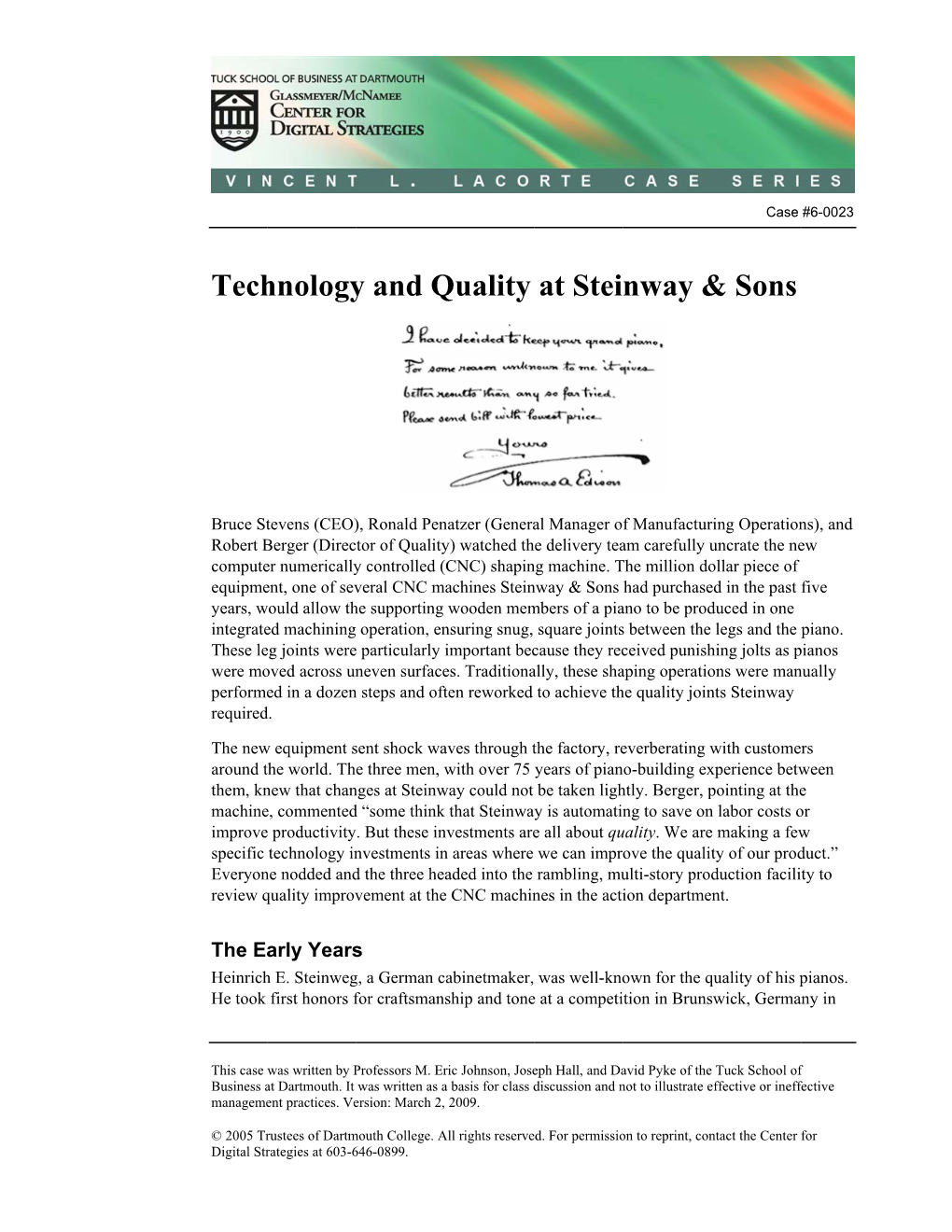 Tech Hnology Y and Q Quality at Stei Nway & & Sons