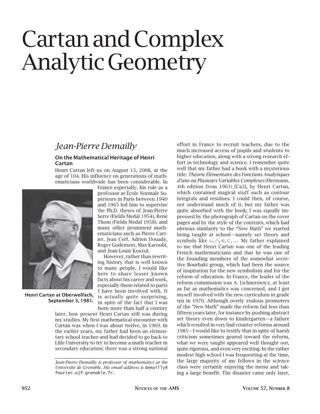 Cartan and Complex Analytic Geometry