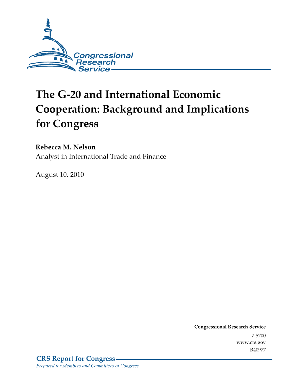 The G-20 and International Economic Cooperation: Background and Implications for Congress