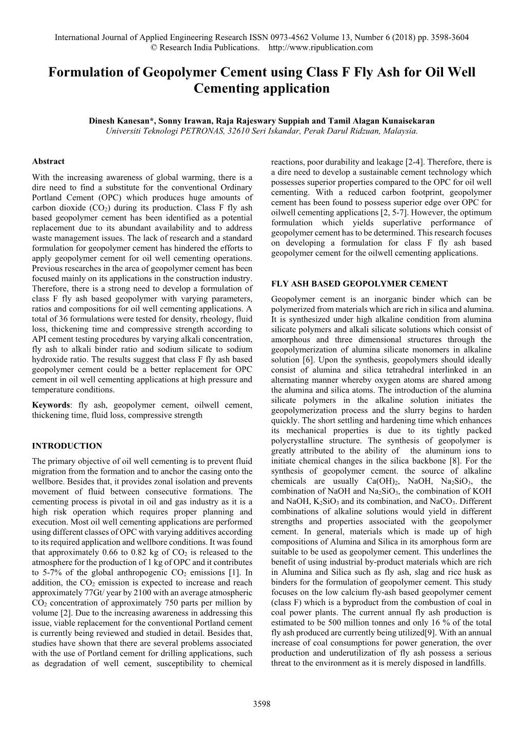 Formulation of Geopolymer Cement Using Class F Fly Ash for Oil Well Cementing Application