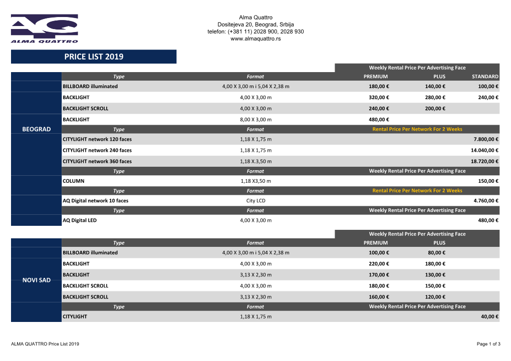 Price List 2019