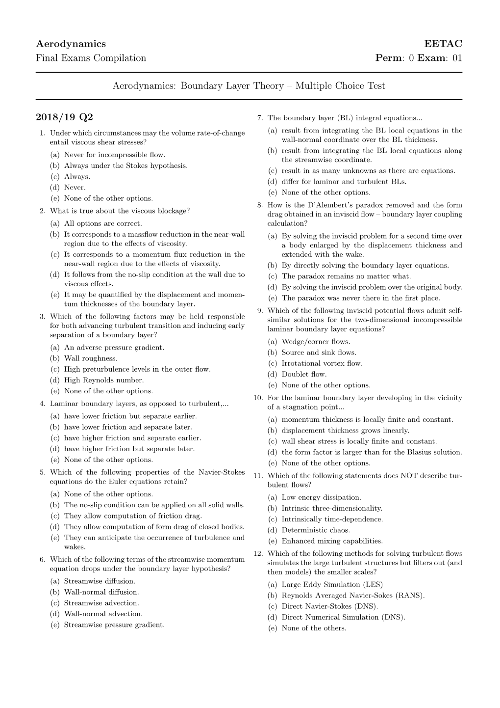 0 Exam: 01 Aerodynamics: Boundary Layer Theory