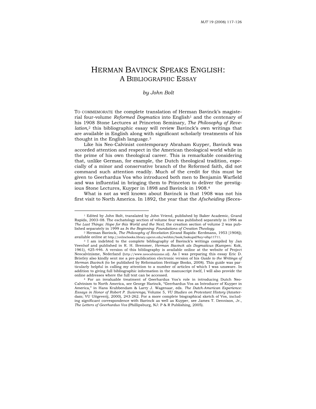 Herman Bavinck Speaks English: a Bibliographic Essay