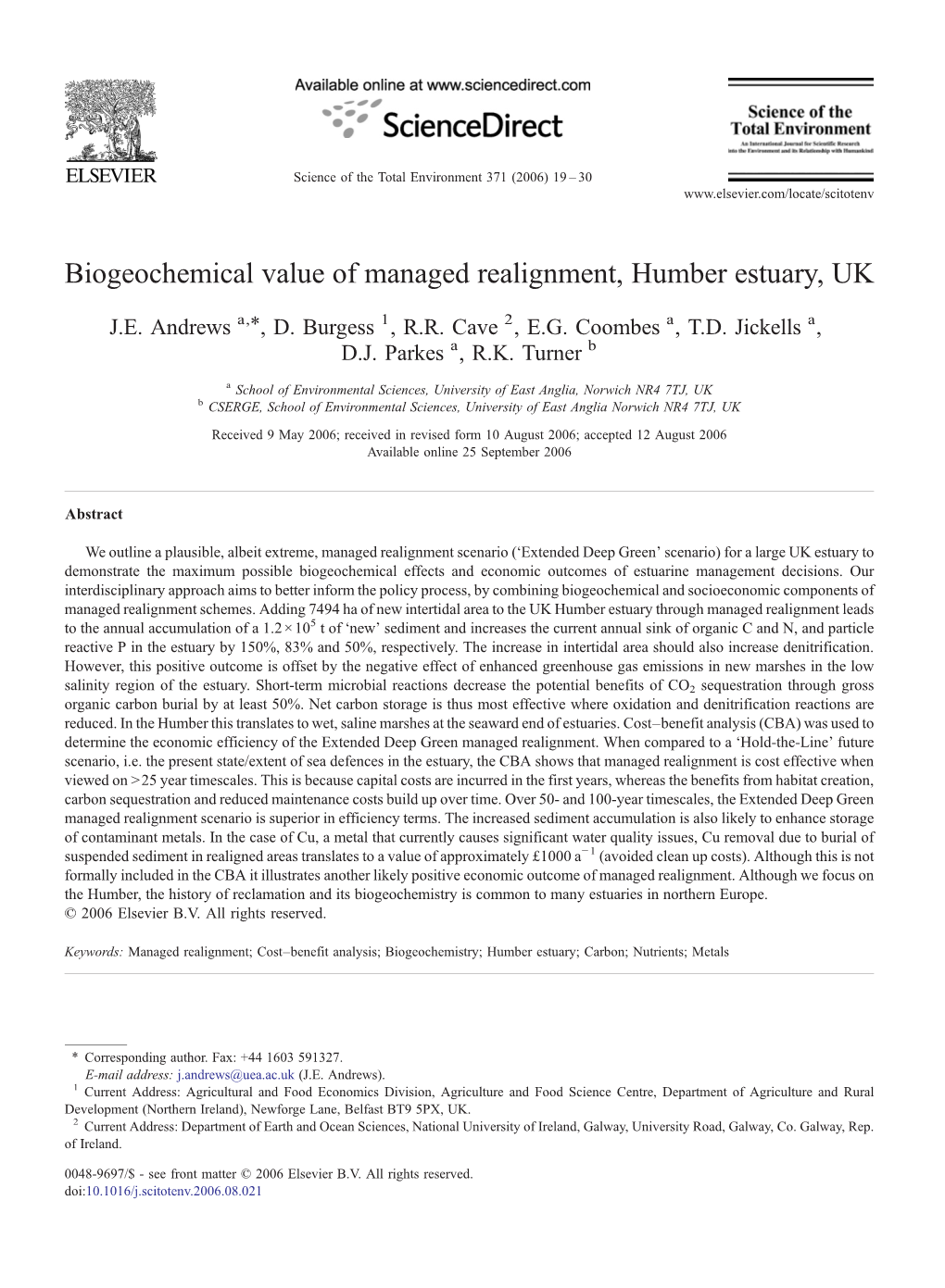 Biogeochemical Value of Managed Realignment, Humber Estuary, UK ⁎ J.E