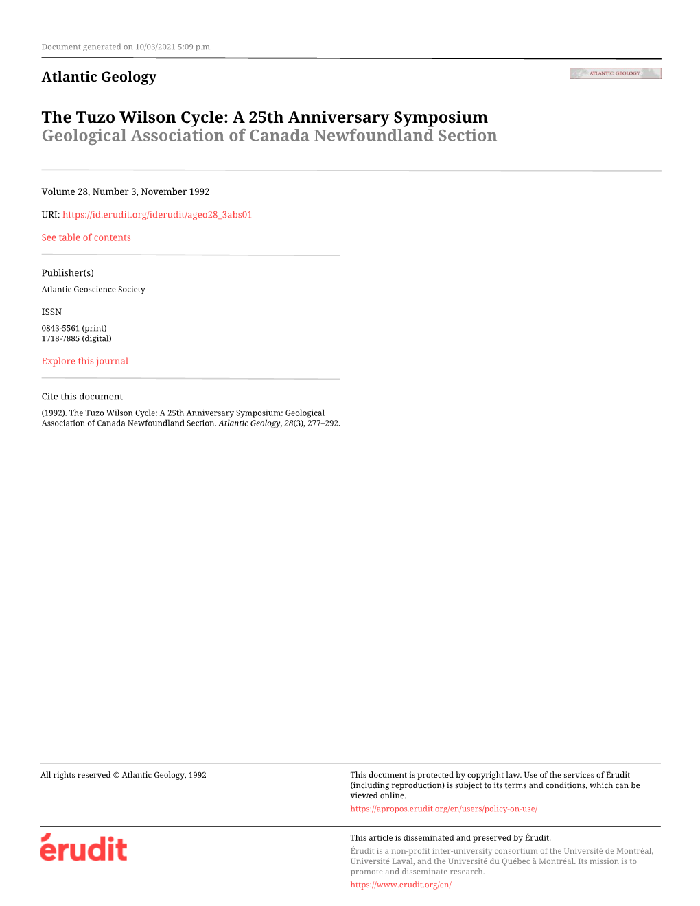 The Tuzo Wilson Cycle: a 25Th Anniversary Symposium Geological Association of Canada Newfoundland Section