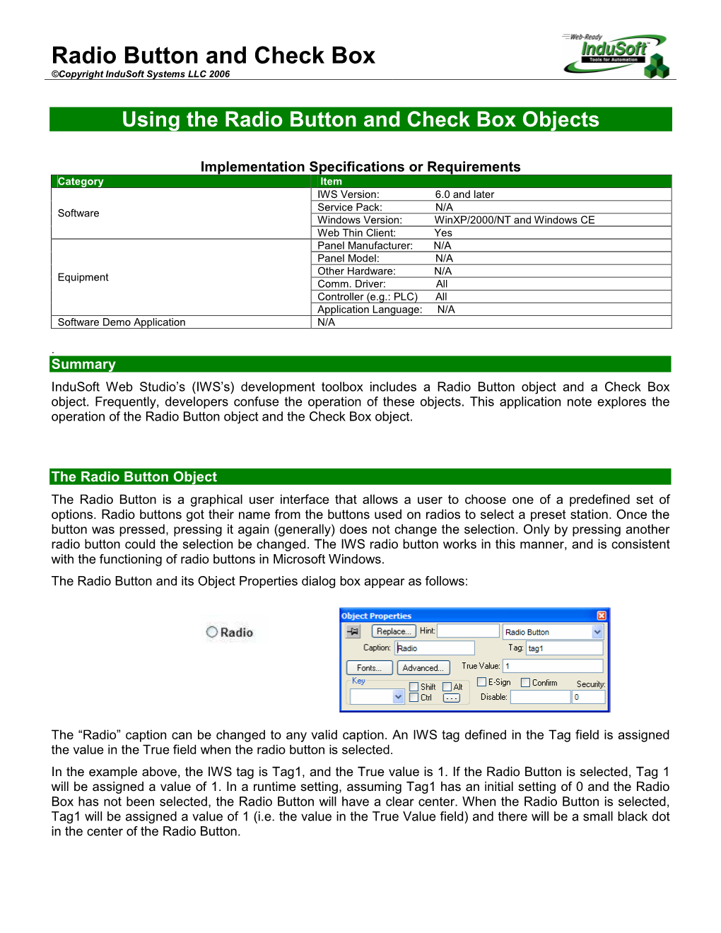 Radio Button and Check Box ©Copyright Indusoft Systems LLC 2006