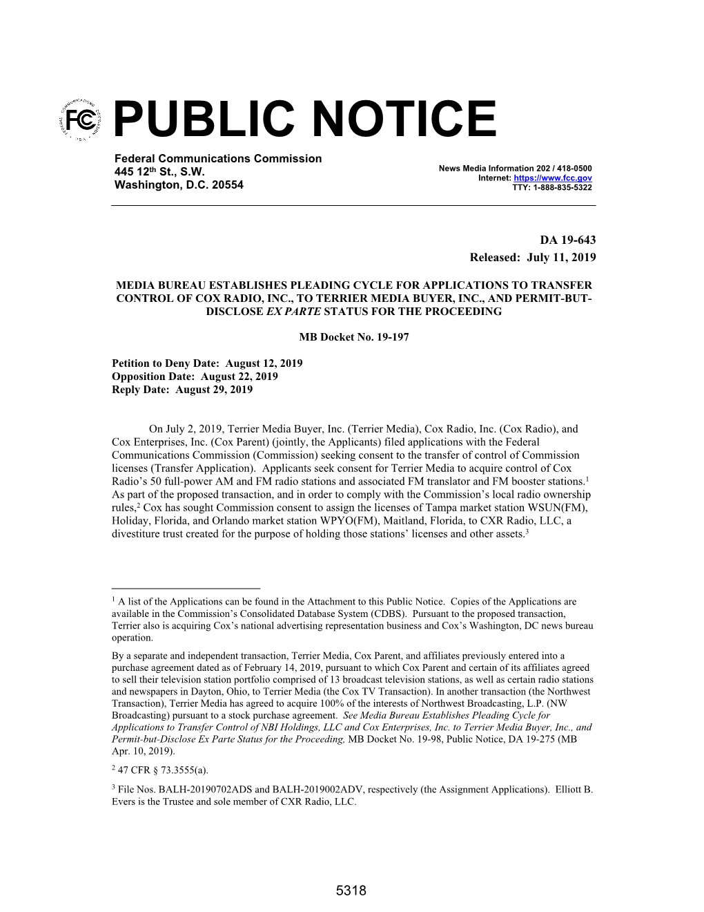 PUBLIC NOTICE Federal Communications Commission 445 12Th St., S.W