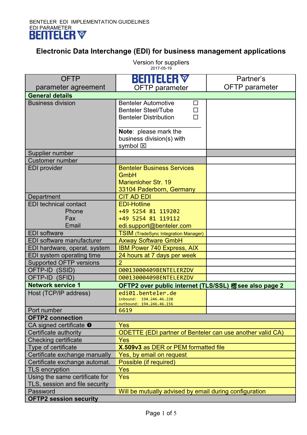 EDI Parameter Agreement for Suppliers