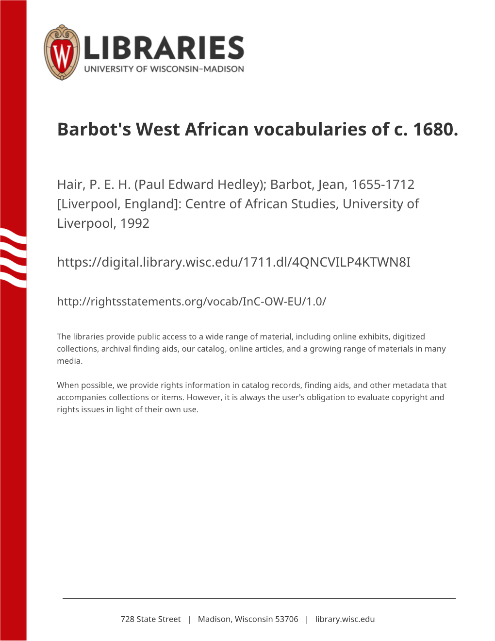 Barbot's West African Vocabularies of C. 1680