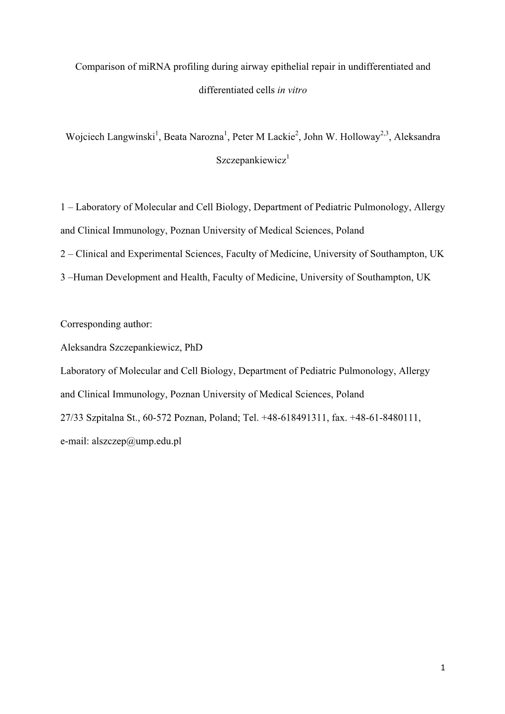 Comparison of Mirna Profiling During Airway Epithelial Repair in Undifferentiated And