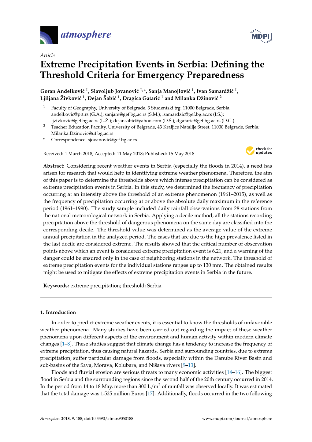 Extreme Precipitation Events in Serbia: Defining the Threshold Criteria for Emergency Preparedness