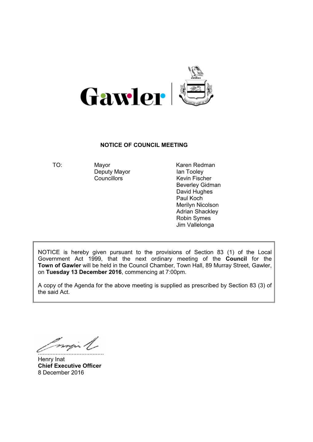 Notice of Council Meeting To