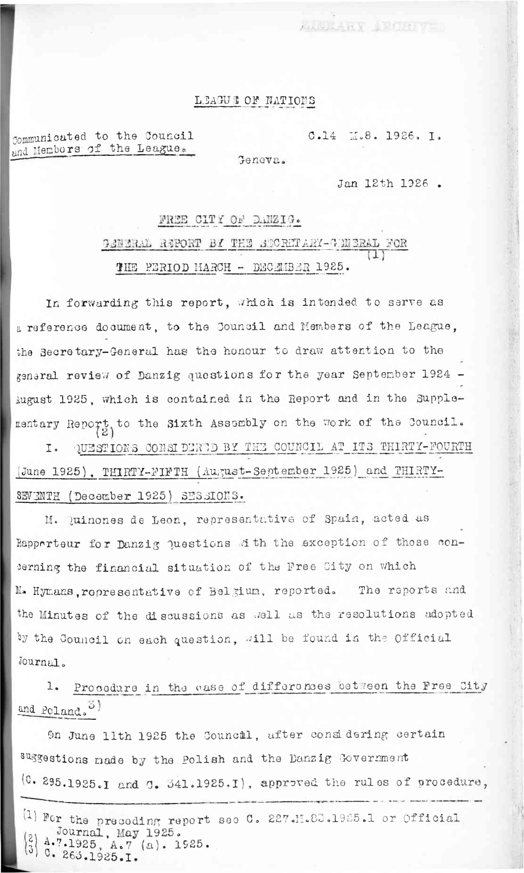 L 14Tu 5 of HATIONS Iommunicateel to the Council 0.14 11.8. 1926A I