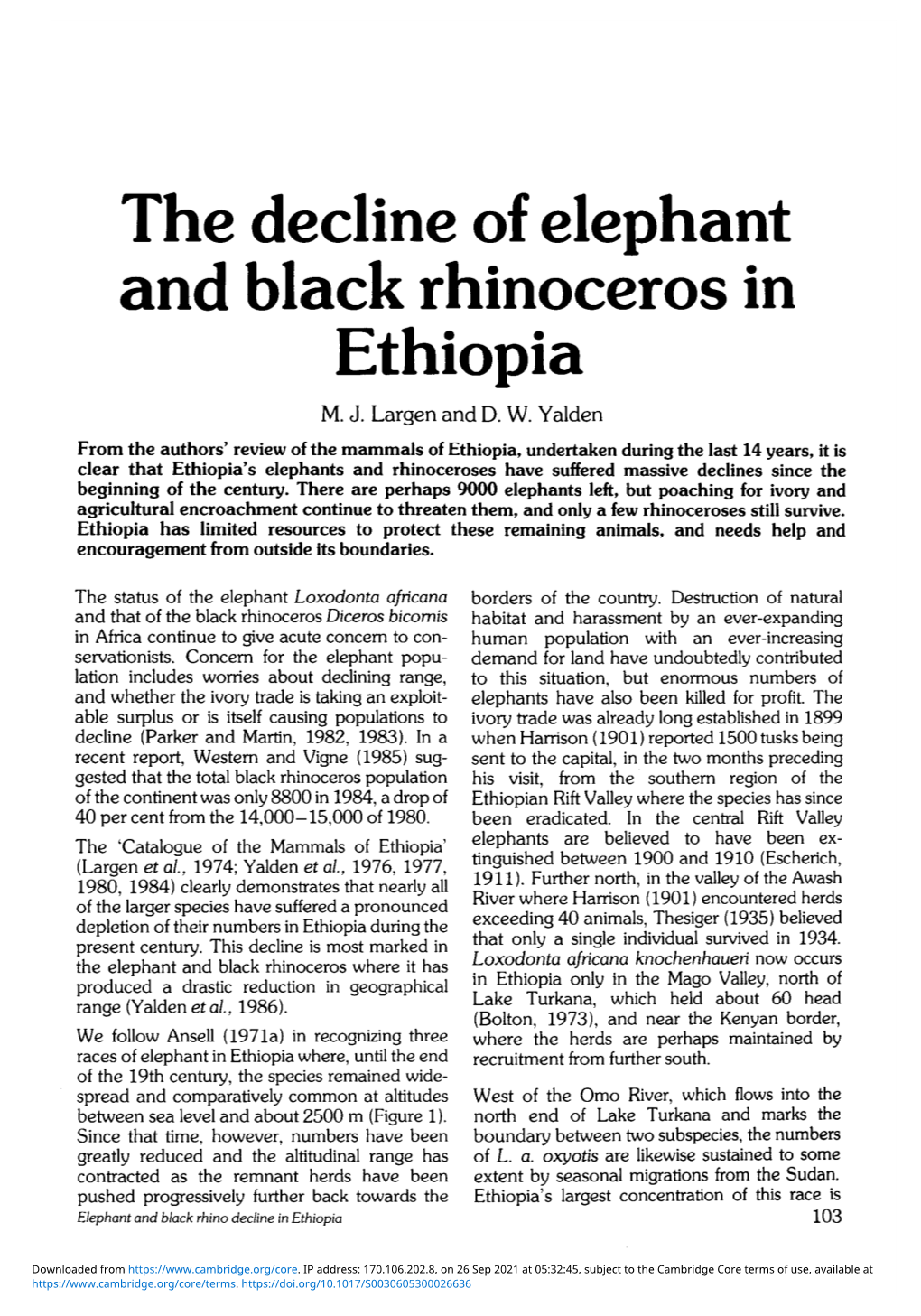 The Decline of Elephant and Black Rhinoceros in Ethiopia M