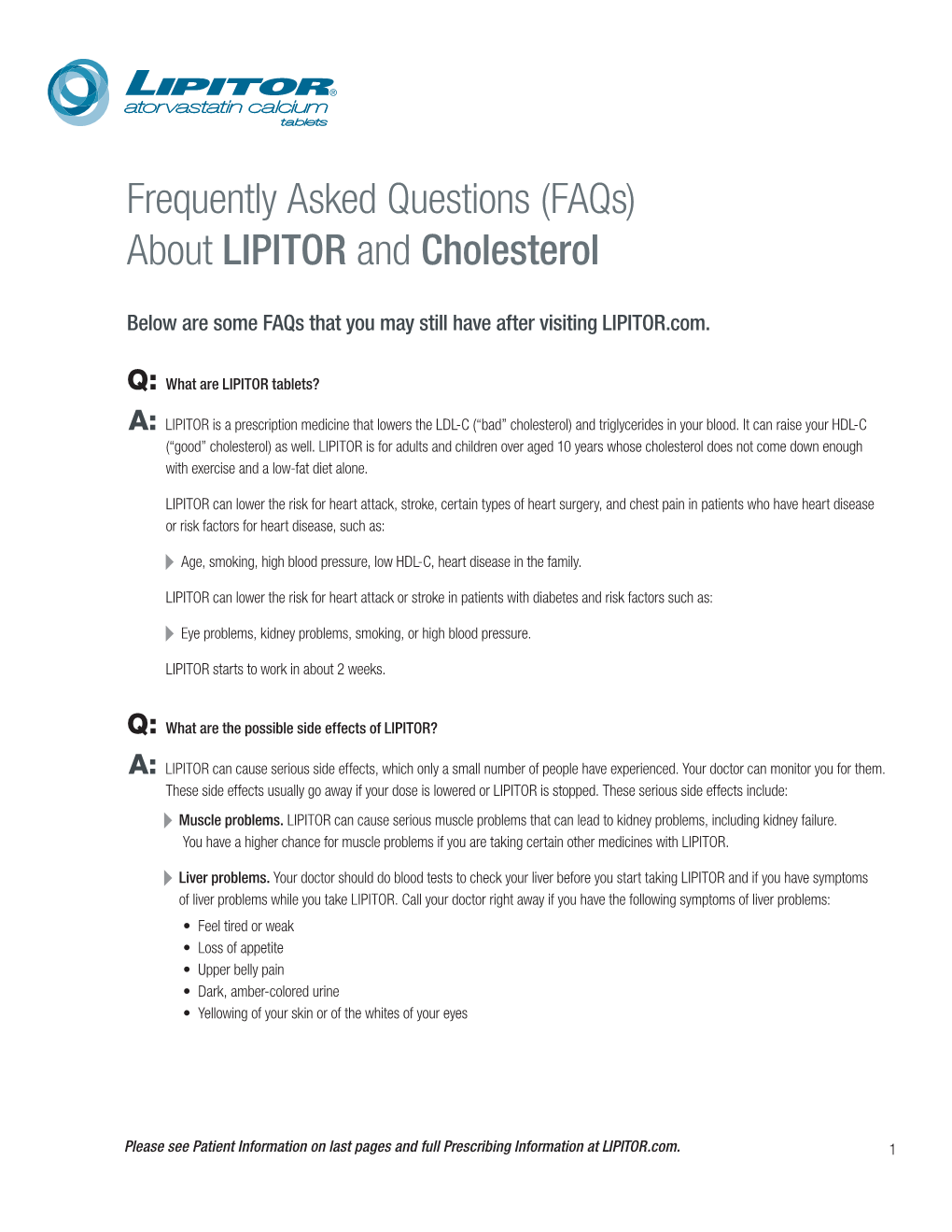 Frequently Asked Questions (Faqs) About LIPITOR and Cholesterol