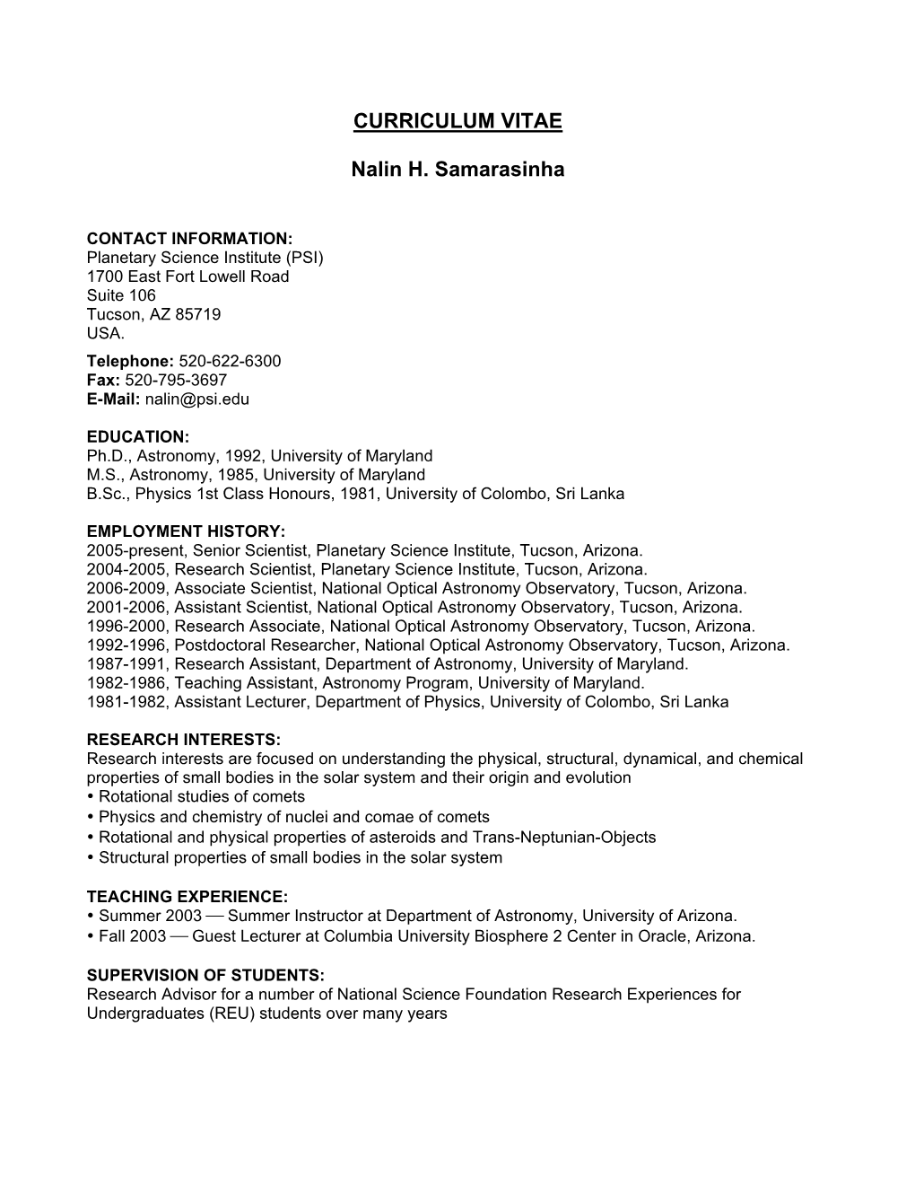 CURRICULUM VITAE Nalin H. Samarasinha