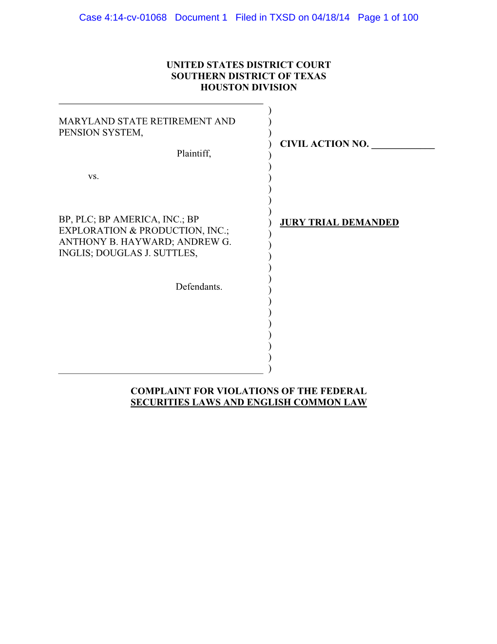 COMPLAINT for VIOLATIONS of the FEDERAL SECURITIES LAWS and ENGLISH COMMON LAW Case 4:14-Cv-01068 Document 1 Filed in TXSD on 04/18/14 Page 2 of 100