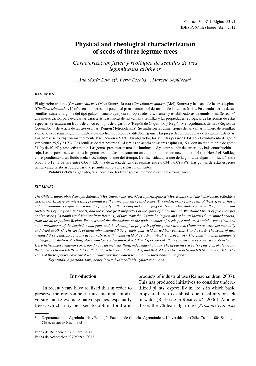 Physical and Rheological Characterization of Seeds of Three Legume Trees Caracterización Física Y Reológica De Semillas De Tres Leguminosas Arbóreas