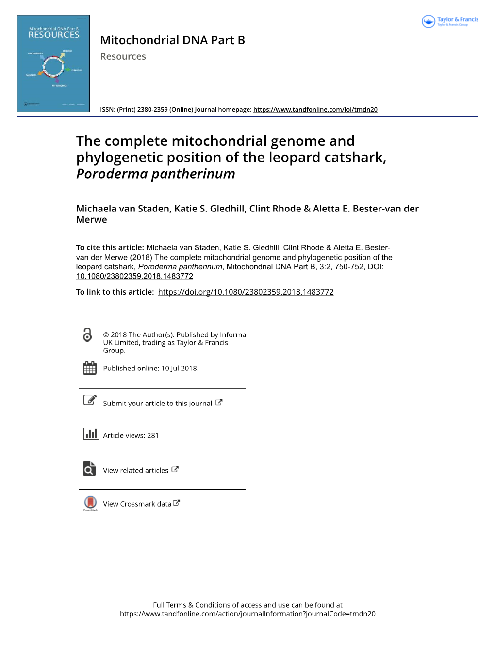 The Complete Mitochondrial Genome and Phylogenetic Position of the Leopard Catshark, Poroderma Pantherinum