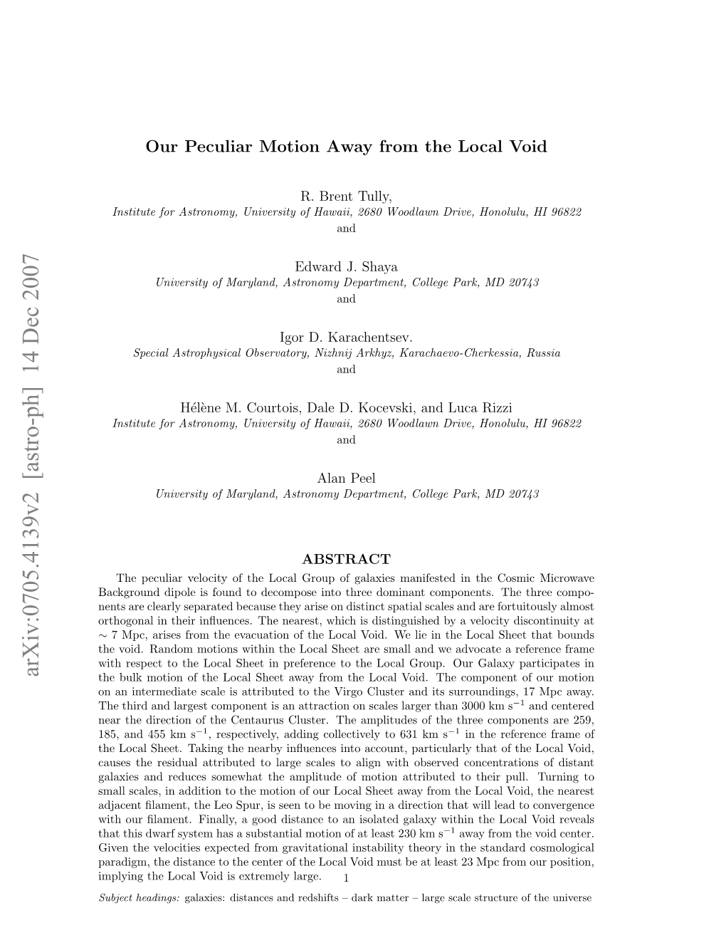 Arxiv:0705.4139V2 [Astro-Ph] 14 Dec 2007 the Bulk Motion of the Local Sheet Away from the Local Void