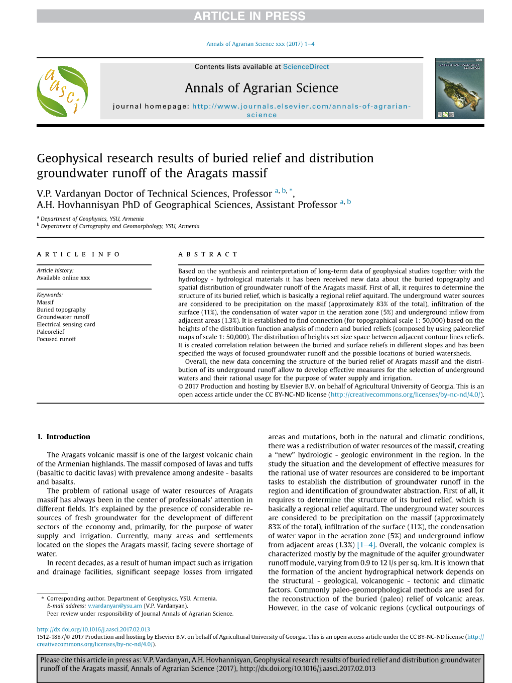 Geophysical Research Results of Buried Relief and Distribution Groundwater Runoff of the Aragats Massif