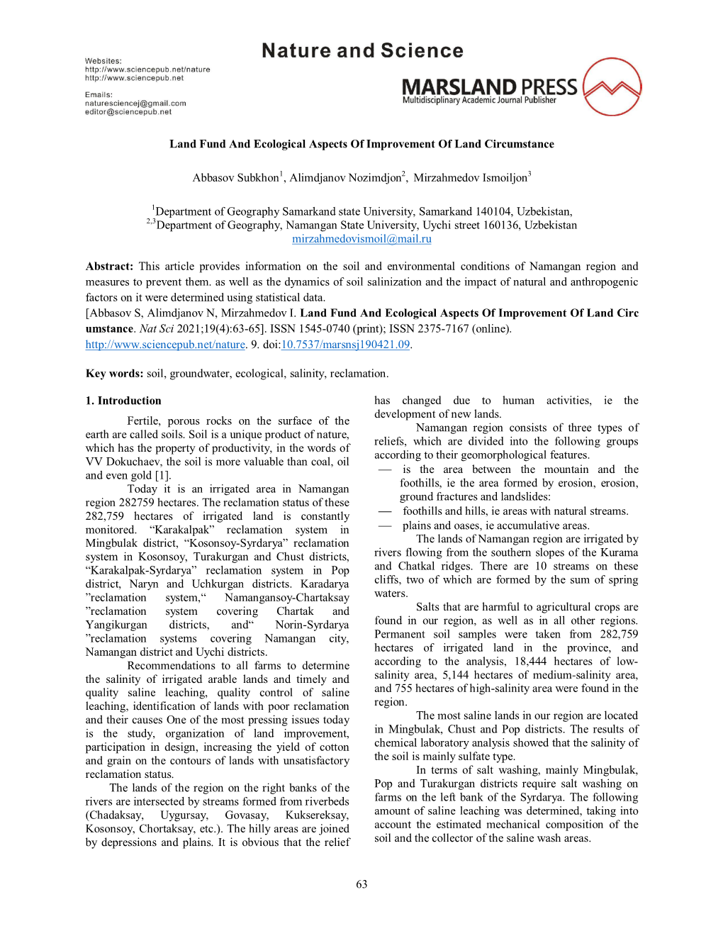 63 Land Fund and Ecological Aspects of Improvement of Land