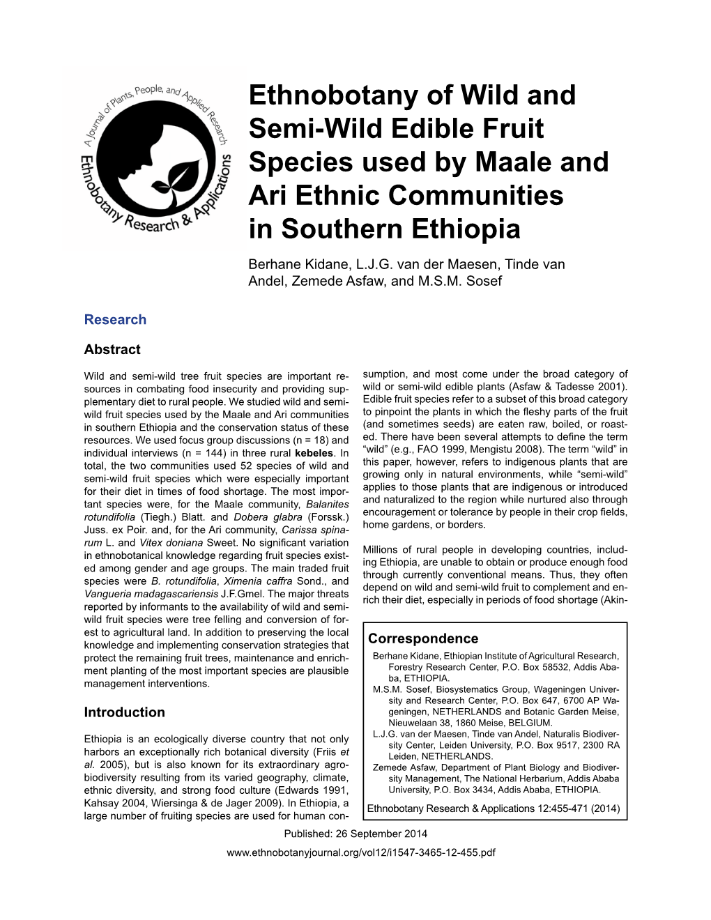 Ethnobotany of Wild and Semi-Wild Edible Fruit Species Used by Maale and Ari Ethnic Communities in Southern Ethiopia Berhane Kidane, L.J.G