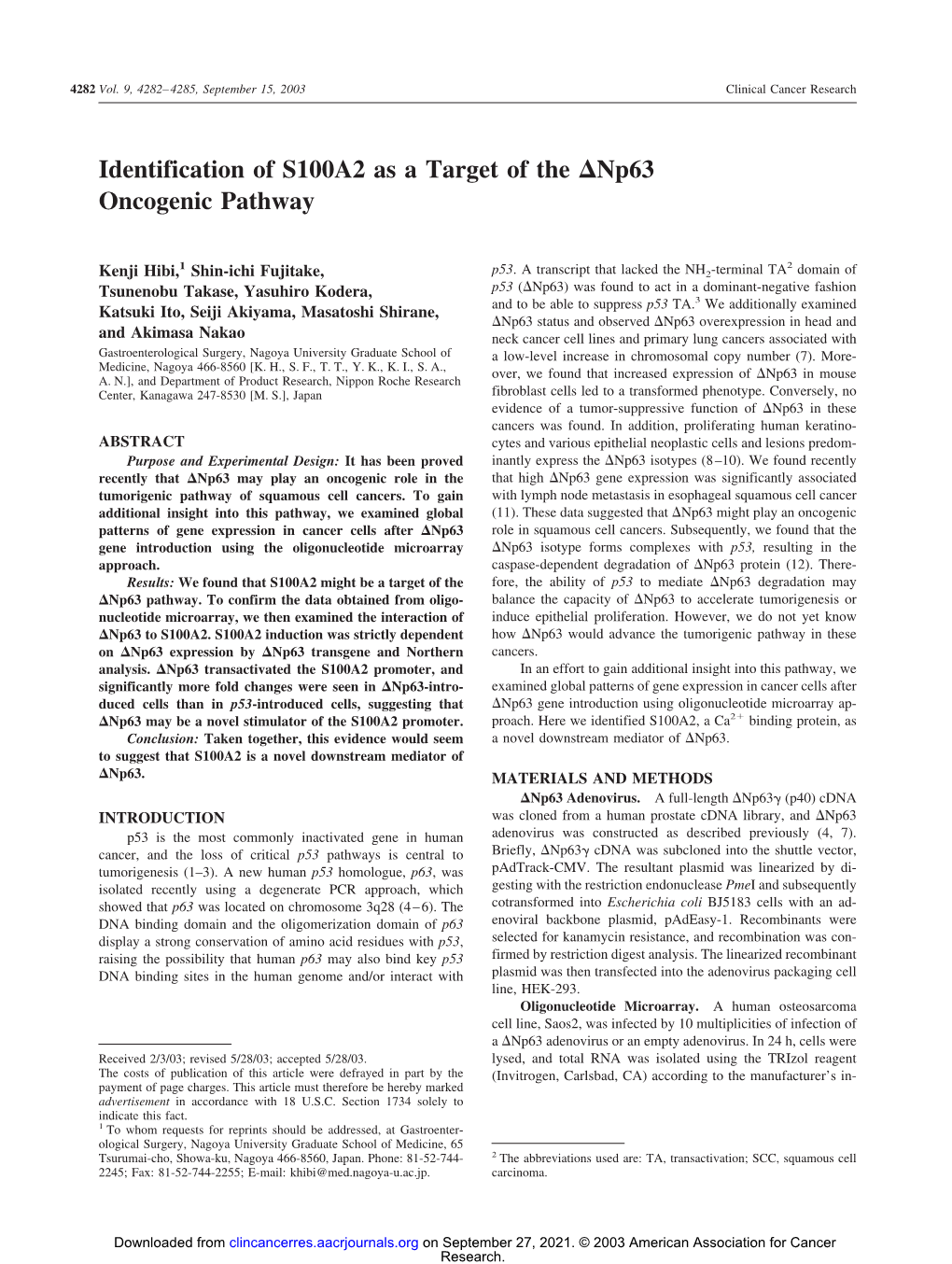 Identification of S100A2 As a Target of the Np63 Oncogenic Pathway