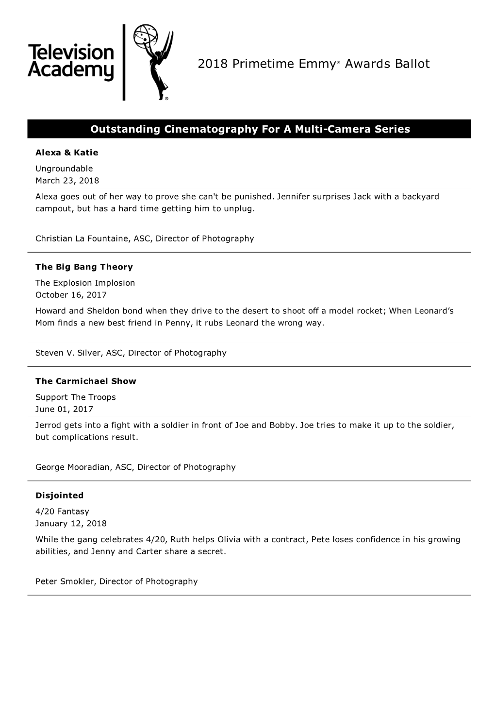 Cinematography for a Single-Camera Series (Half-Hour)