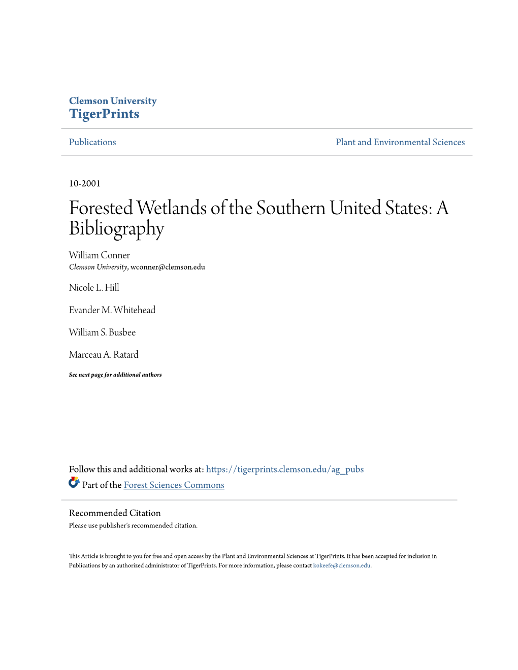 Forested Wetlands of the Southern United States: a Bibliography William Conner Clemson University, Wconner@Clemson.Edu