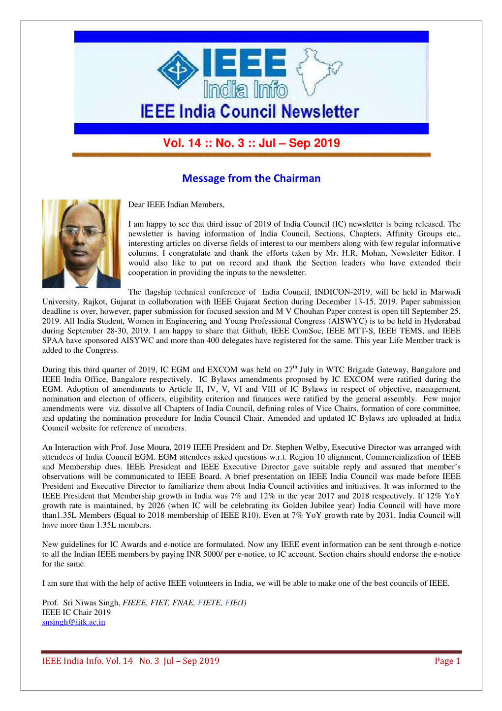 Vol. 14 :: No. 3 :: Jul – Sep 2019 Message from the Chairman