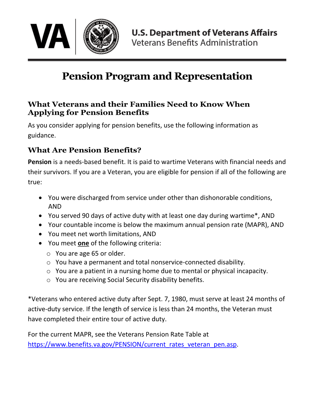 VA Pension Program and Representation Factsheet