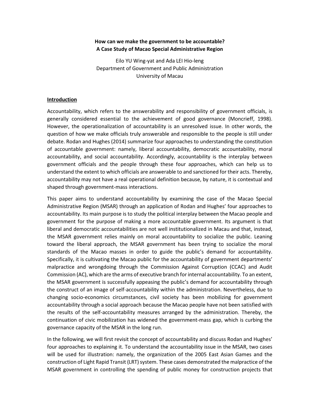 How Can We Make the Government to Be Accountable? a Case Study of Macao Special Administrative Region