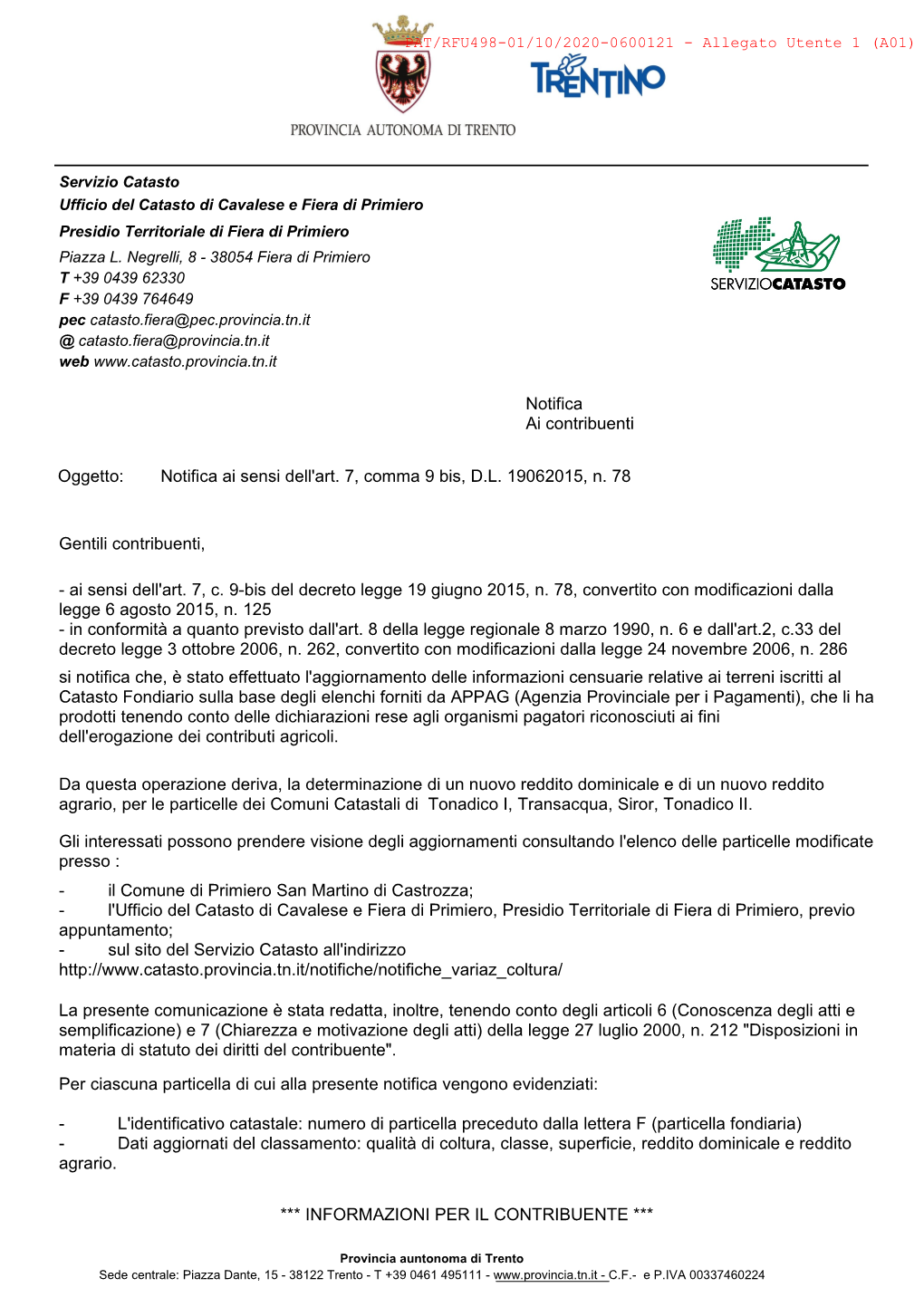 Notifica Ai Contribuenti Gentili Contribuenti, Si Notifica Che, È Stato Effettuato L'aggiornamento Delle Informazioni Censuarie