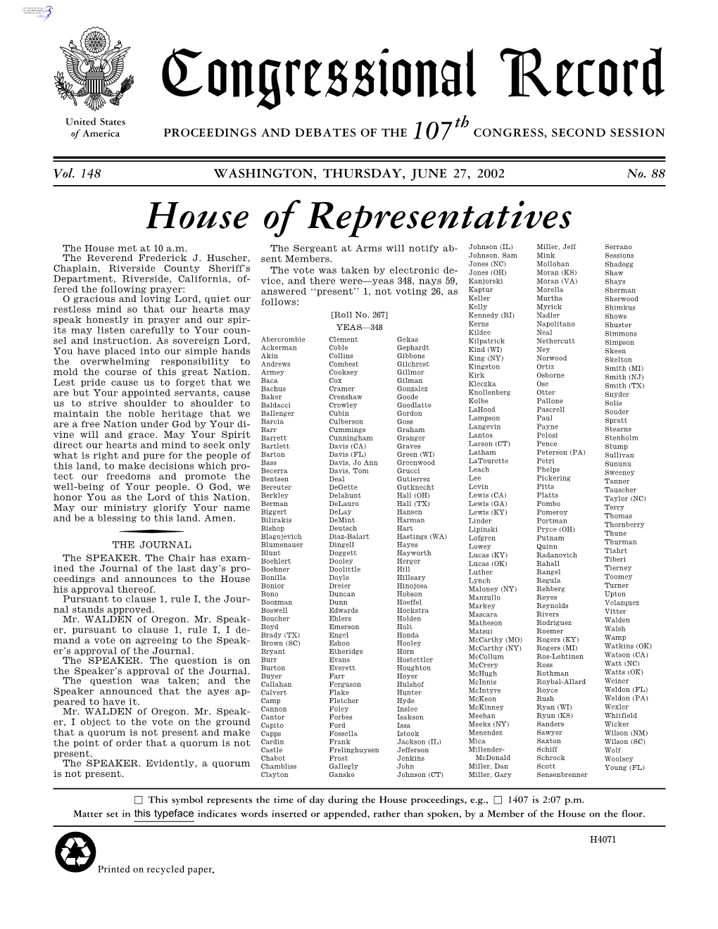 Congressional Record United States Th of America PROCEEDINGS and DEBATES of the 107 CONGRESS, SECOND SESSION