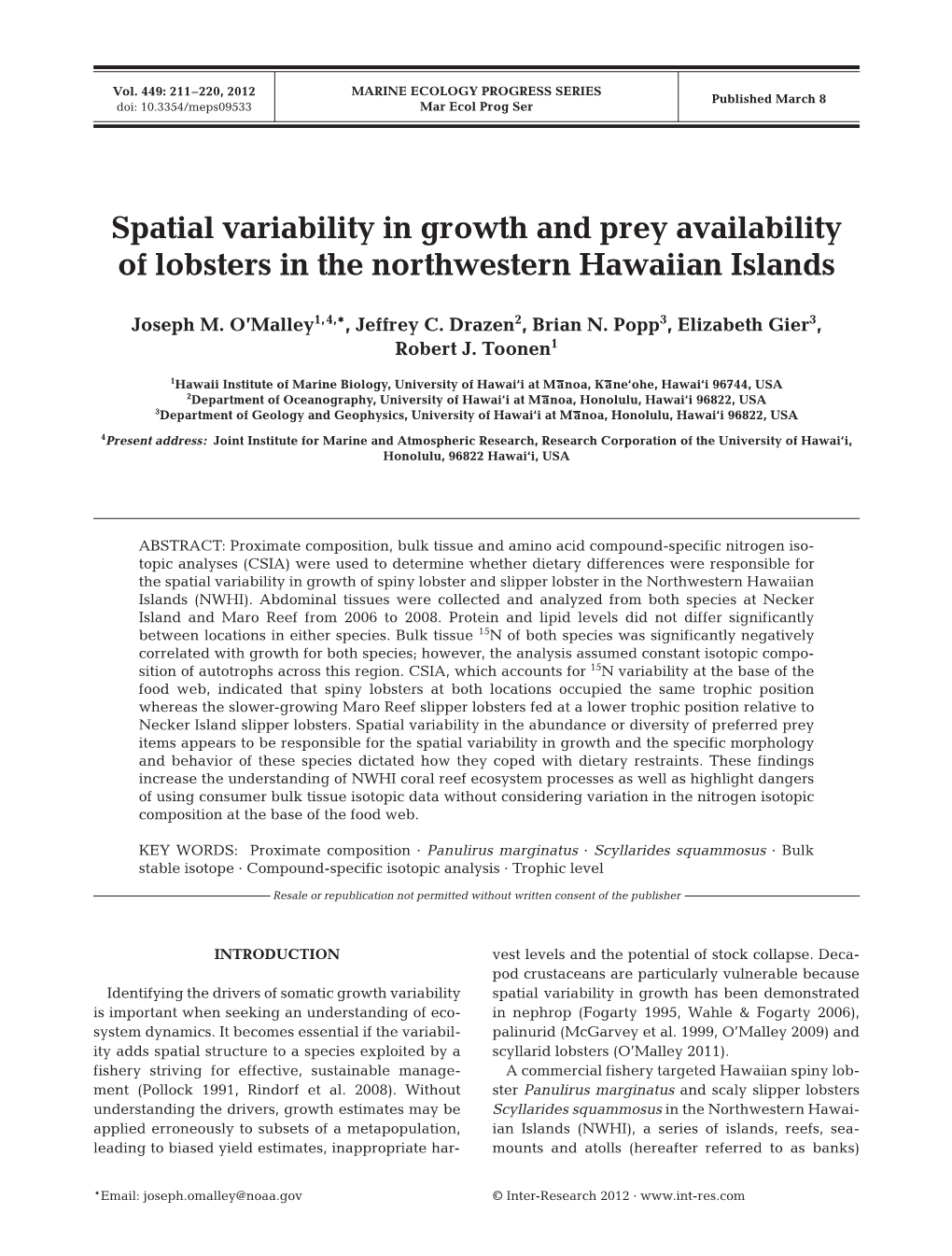 Spatial Variability in Growth and Prey Availability of Lobsters in the Northwestern Hawaiian Islands