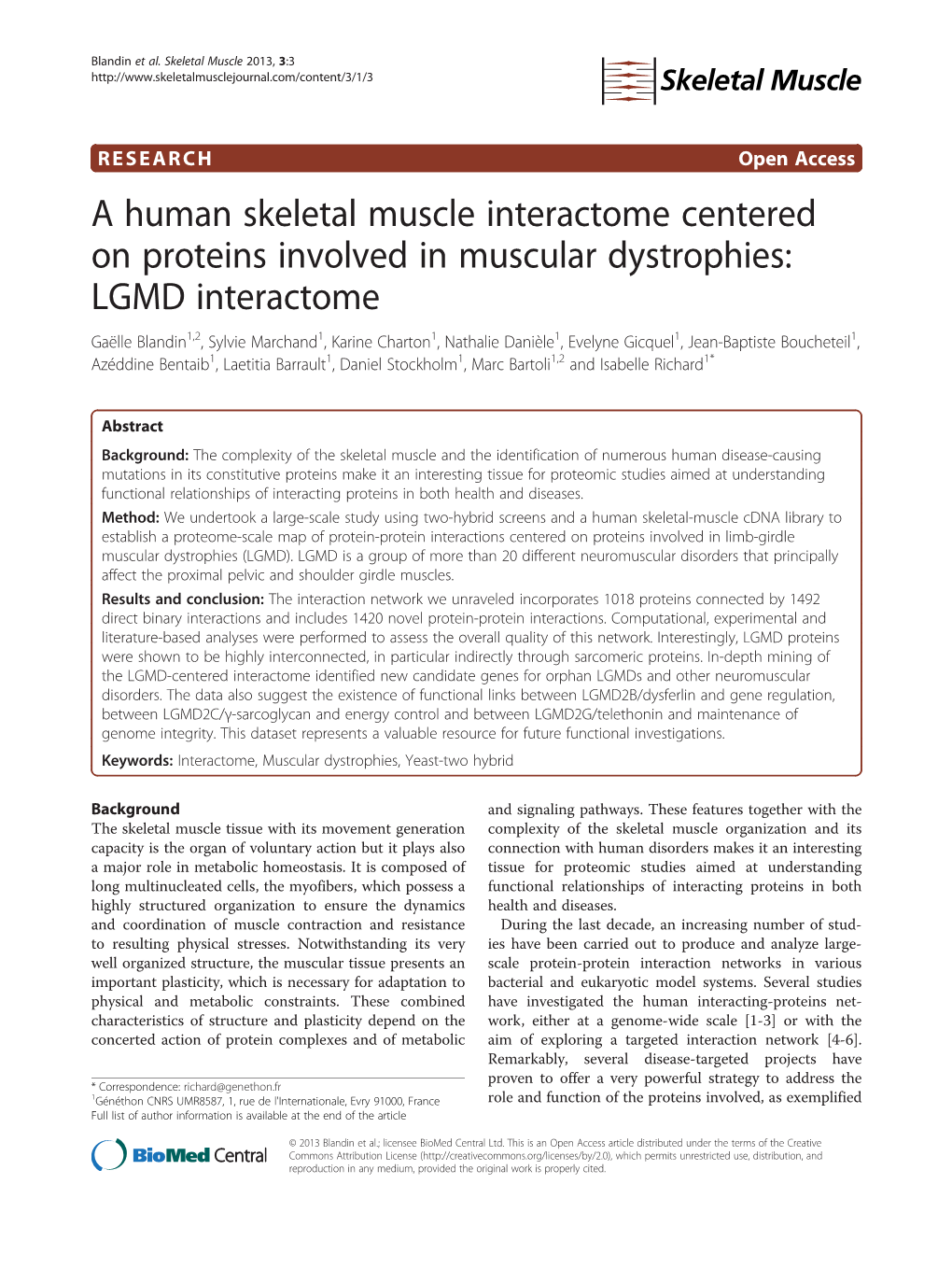 A Human Skeletal Muscle Interactome Centered on Proteins Involved in Muscular Dystrophies