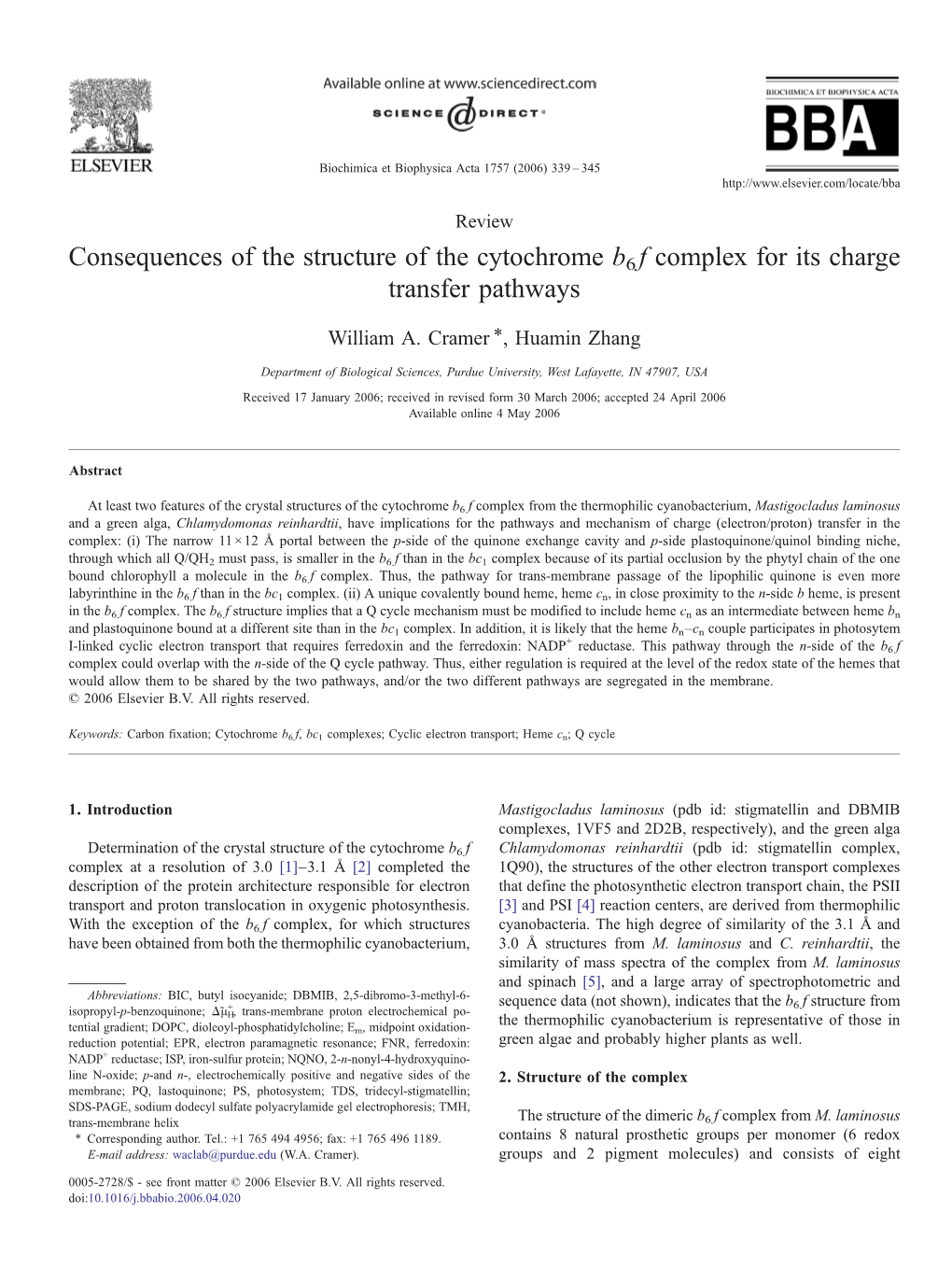 Consequences of the Structure of the Cytochrome B6 F Complex for Its Charge Transfer Pathways ⁎ William A