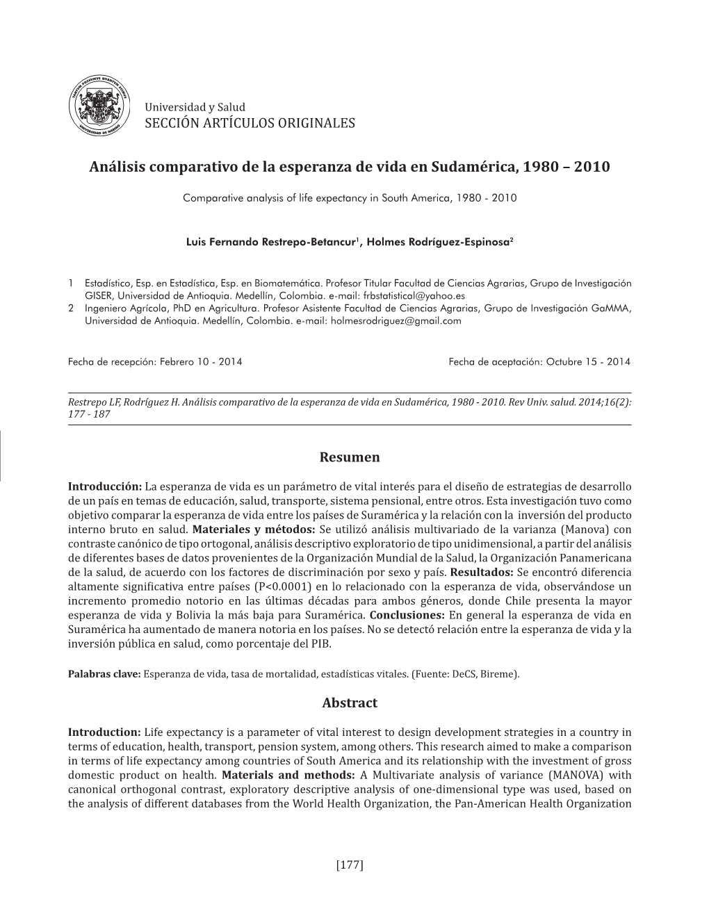 Análisis Comparativo De La Esperanza De Vida En Sudamérica, 1980 – 2010