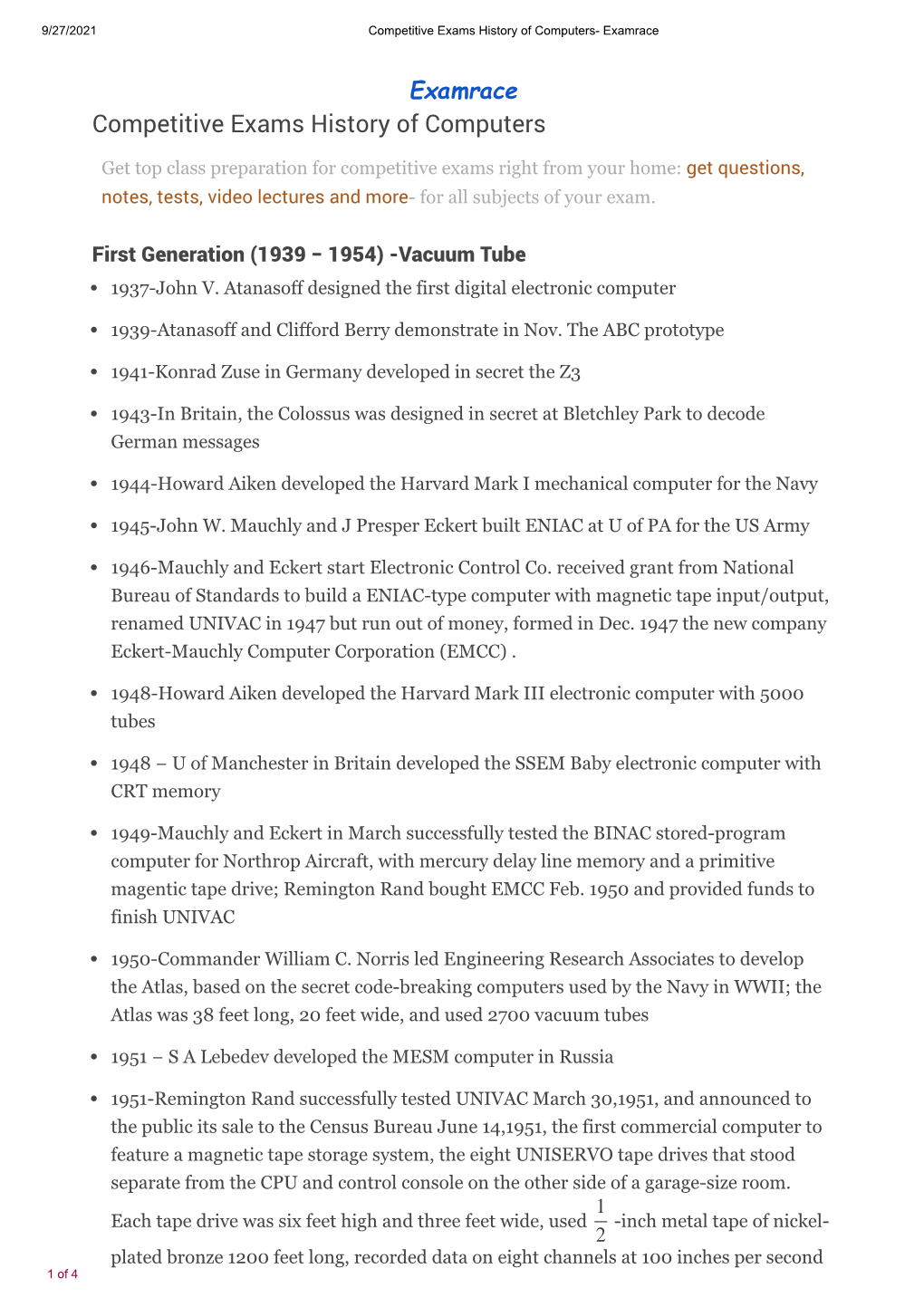 Competitive Exams History of Computers- Examrace