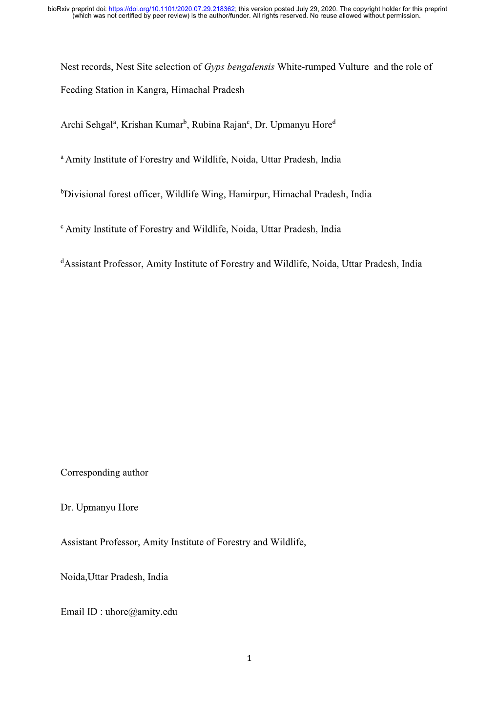 Nest Records, Nest Site Selection of Gyps Bengalensis White-Rumped Vulture and the Role of Feeding Station in Kangra, Himachal P