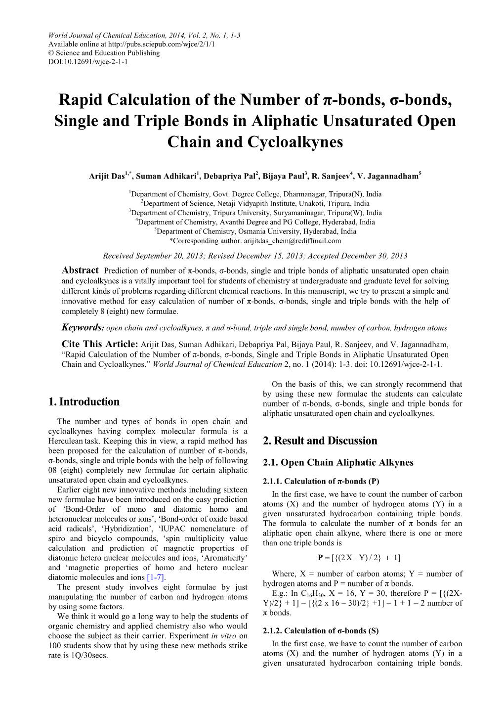 Rapid Calculation of the Number of Π-Bonds, Σ-Bonds, Single and Triple Bonds in Aliphatic Unsaturated Open Chain and Cycloalkynes