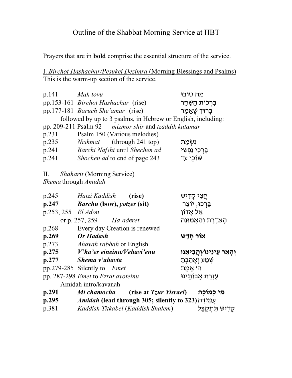 Outline of the Shabbat Morning Service at HBT מַ ה טֹובו בִּ