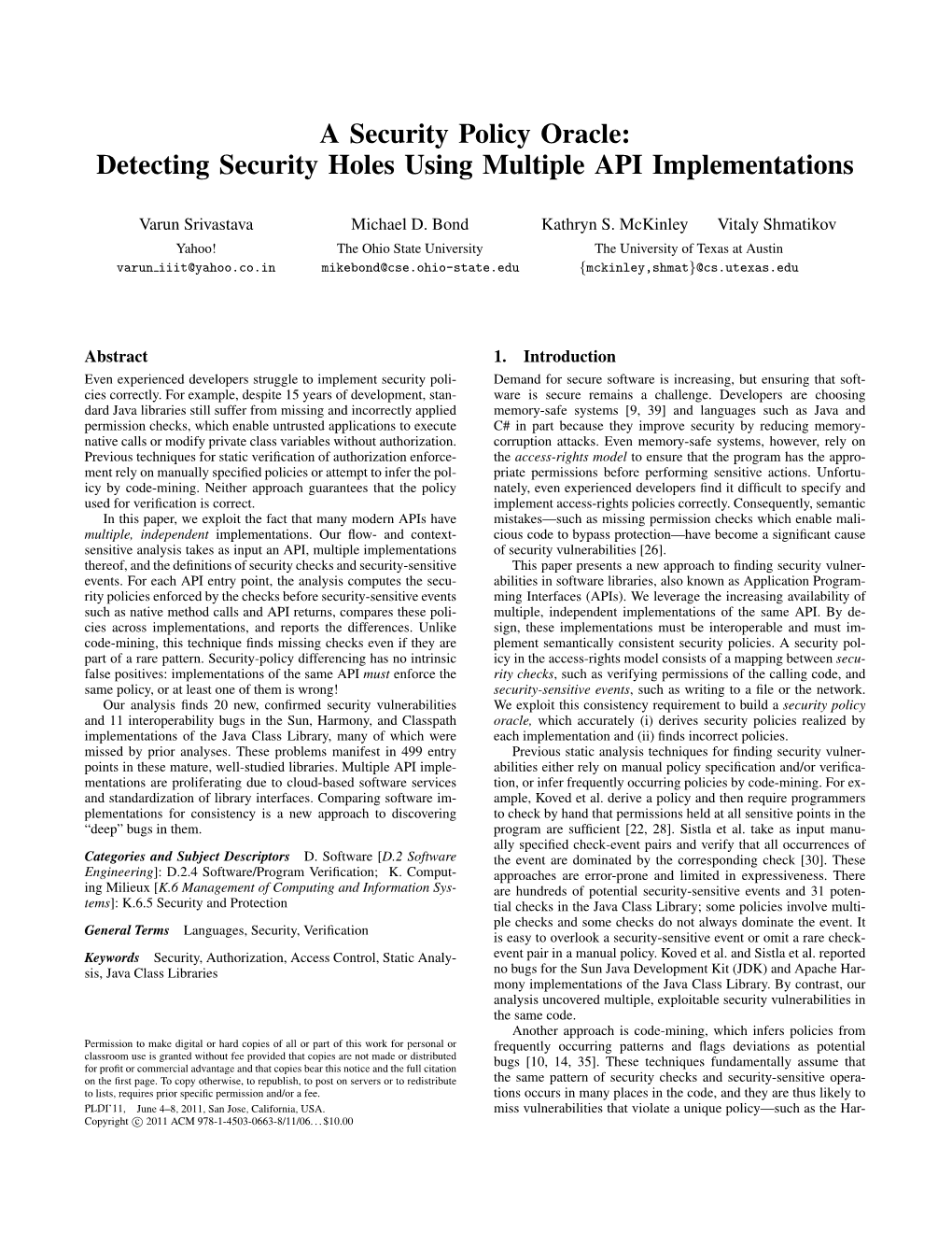 A Security Policy Oracle: Detecting Security Holes Using Multiple API Implementations