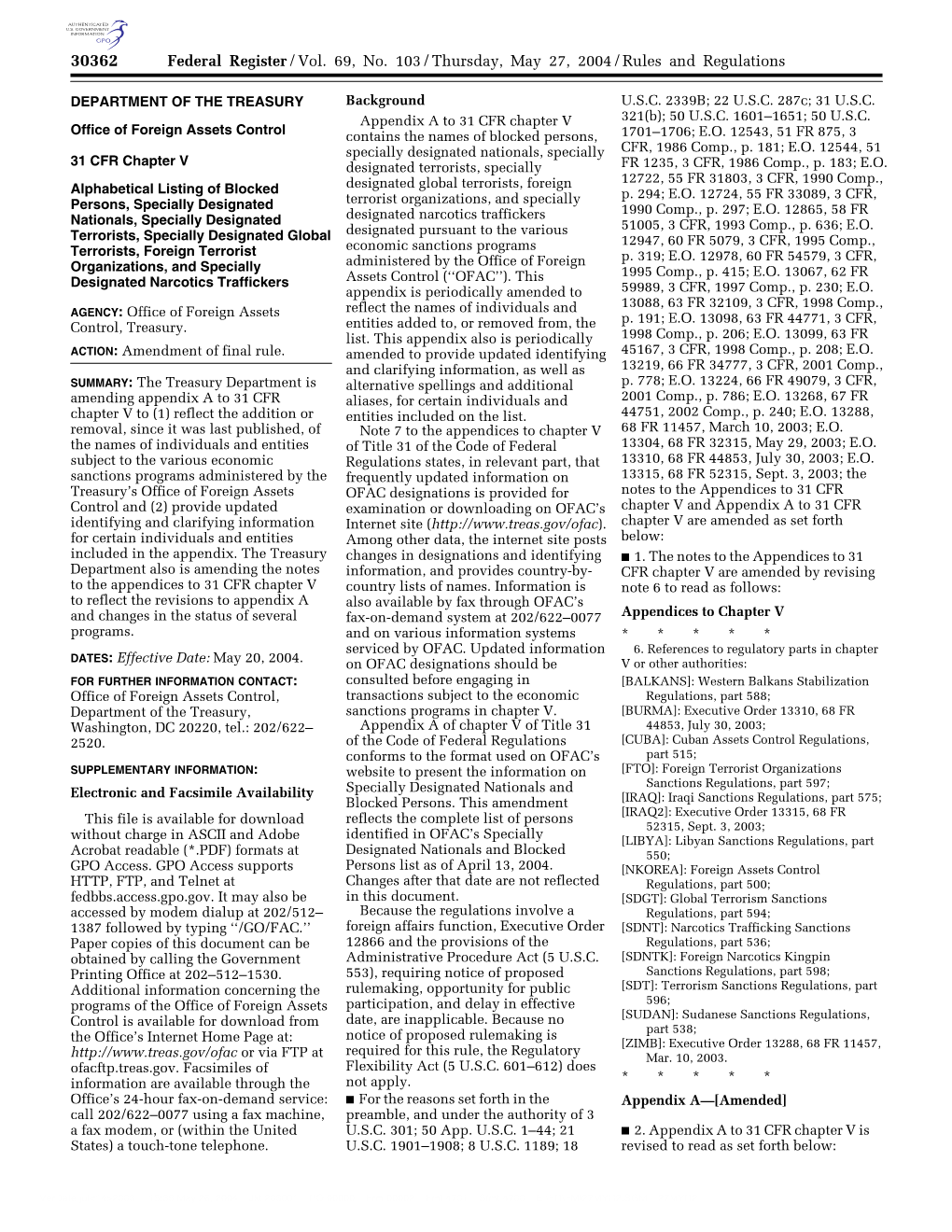 Federal Register/Vol. 69, No. 103/Thursday, May 27, 2004/Rules and Regulations