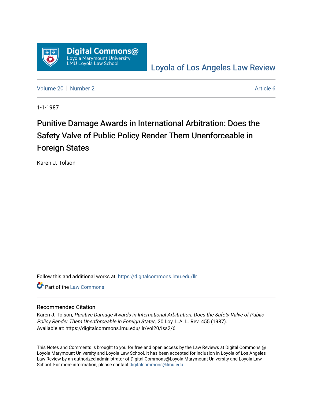 Punitive Damage Awards in International Arbitration: Does the Safety Valve of Public Policy Render Them Unenforceable in Foreign States