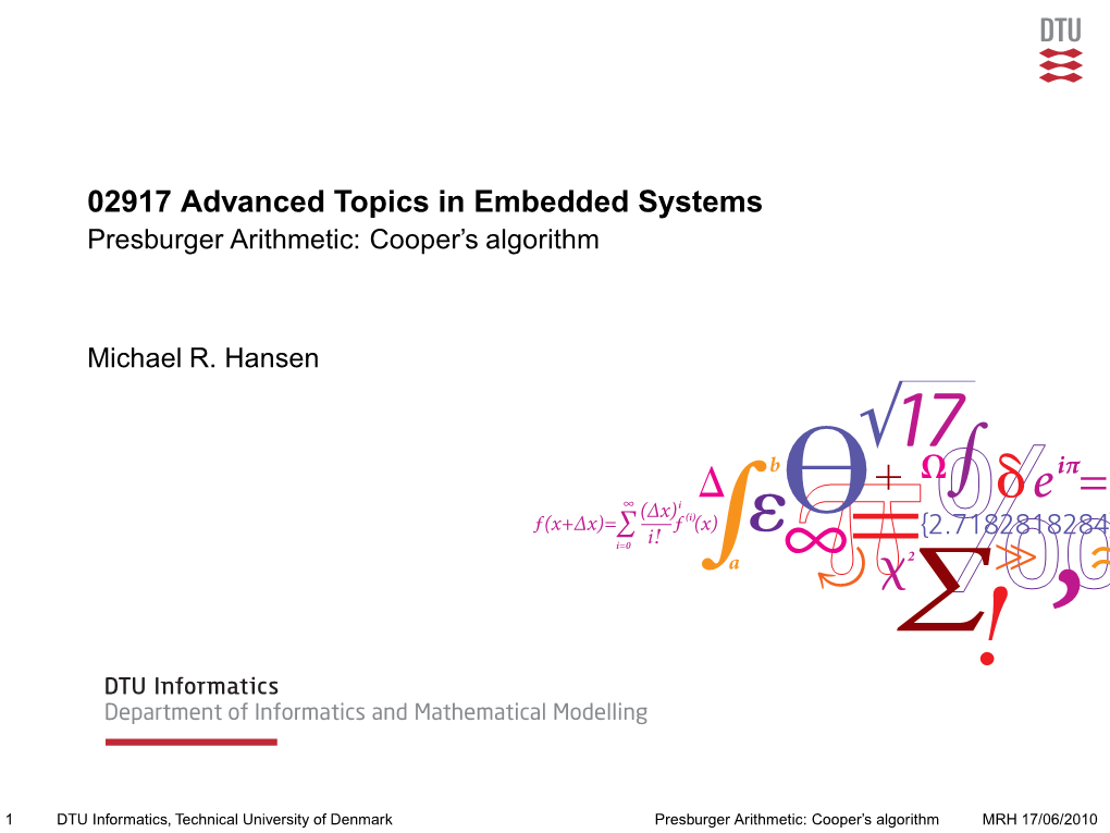 Presburger Arithmetic: Cooper’S Algorithm Top- Ics in Em- Michael R