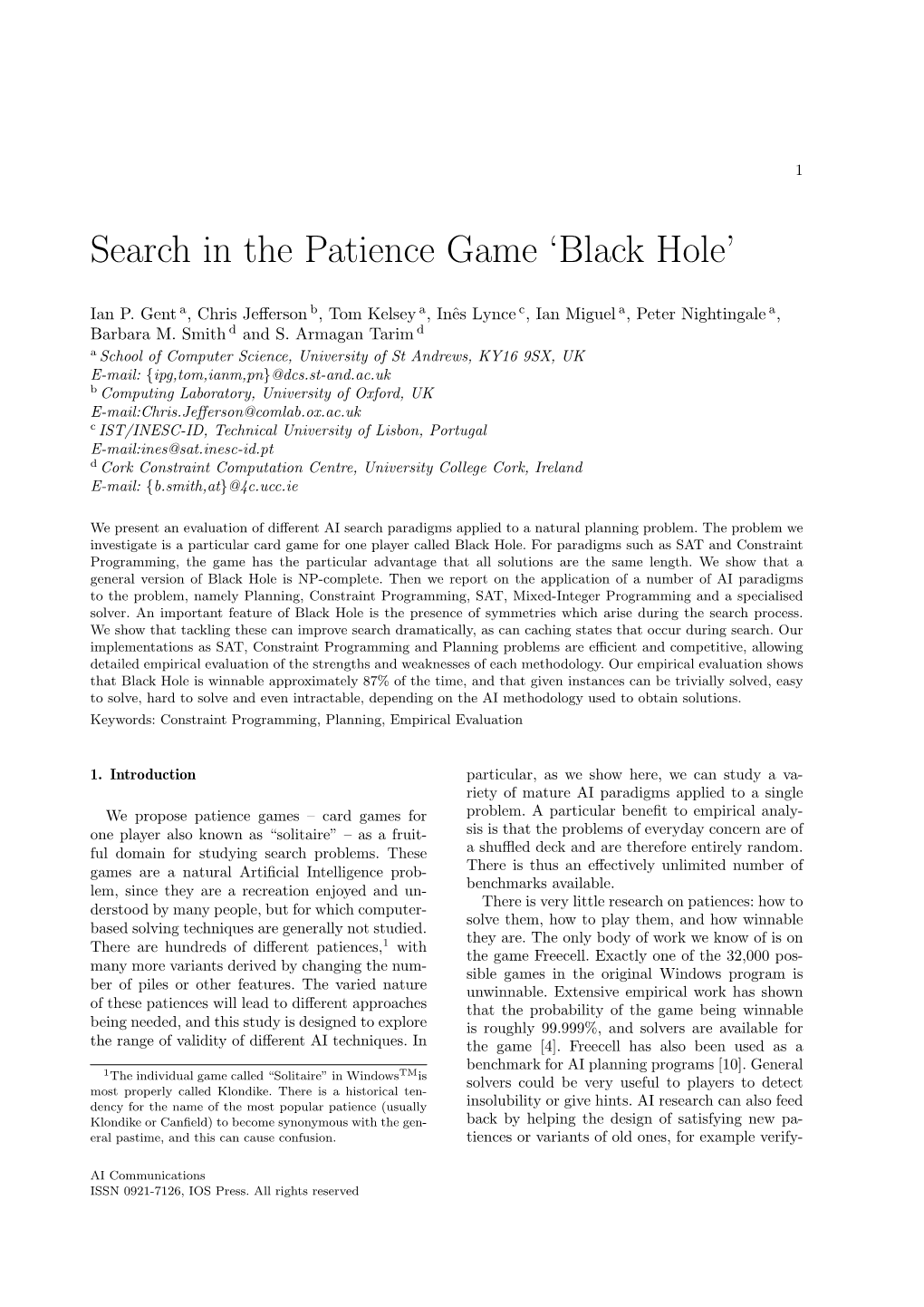 Search in the Patience Game 'Black Hole'