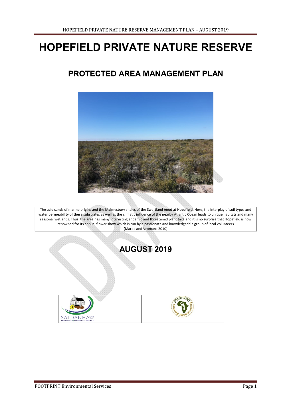 Hopefield Private Nature Reserve Management Plan – August 2019